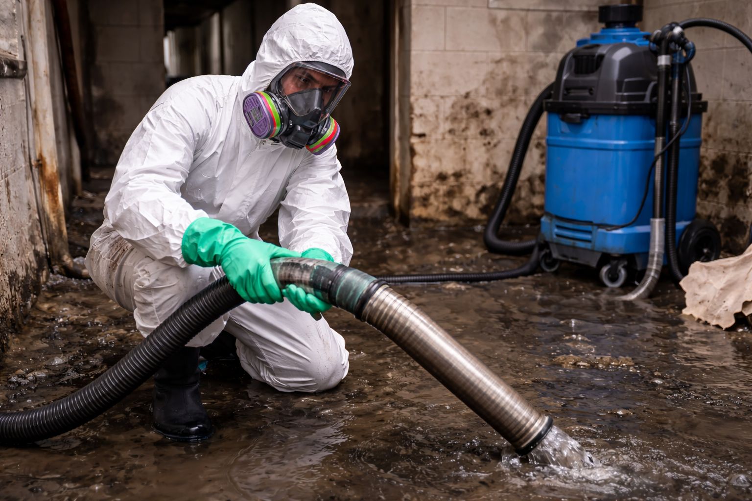 Technician in PPE handling a sewage backup cleanup